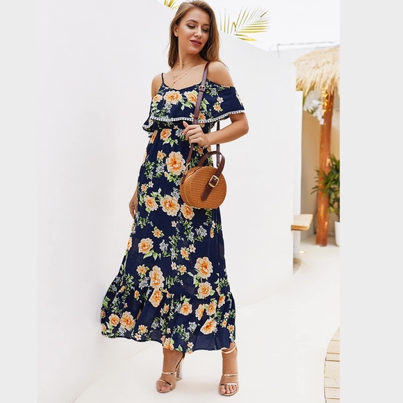 Navy Floral Cold Shoulder Ruffle Maxi Dress PomPom - Picture 2 of 8